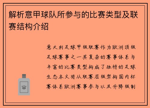 解析意甲球队所参与的比赛类型及联赛结构介绍